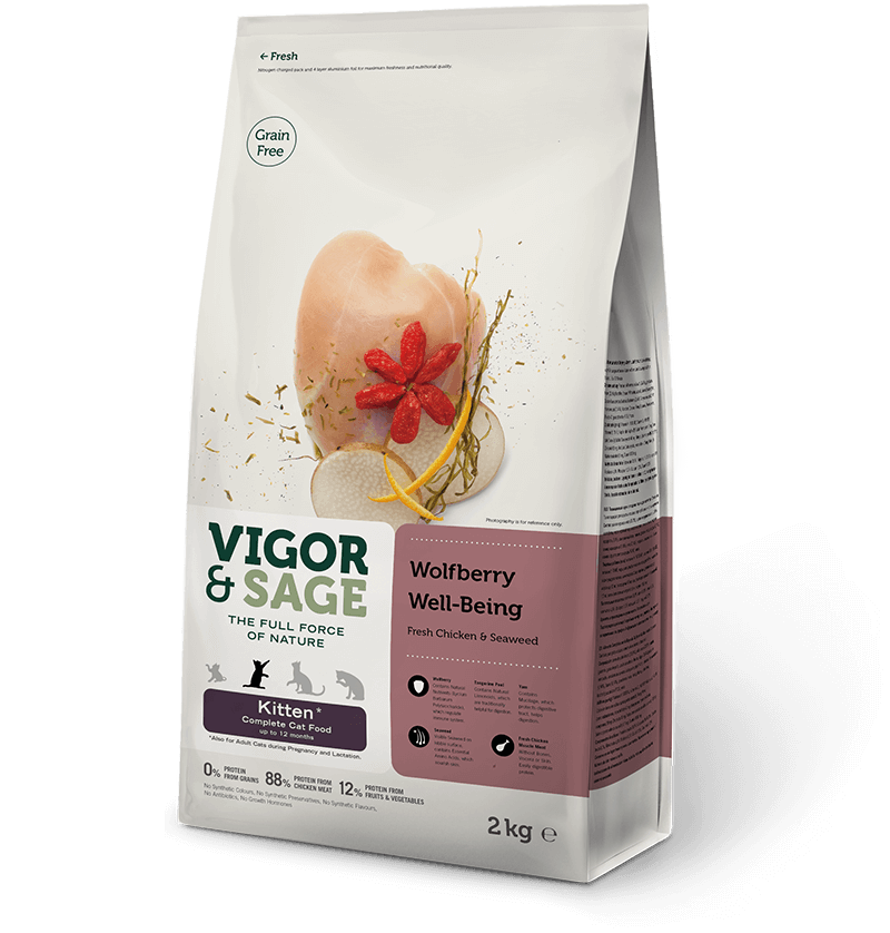Vigor & Sage (Вигор) - Сухой беззерновой корм для беременных, кормящих кошек и котят ягоды годжи здоровье и долголетие курица и морские водоросли