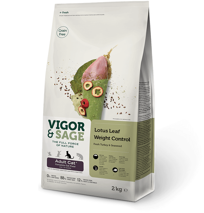 Vigor & Sage (Вигор) - Сухой беззерновой корм для взрослых кошек листья лотоса для контроля веса свежая индейка и морские водоросли
