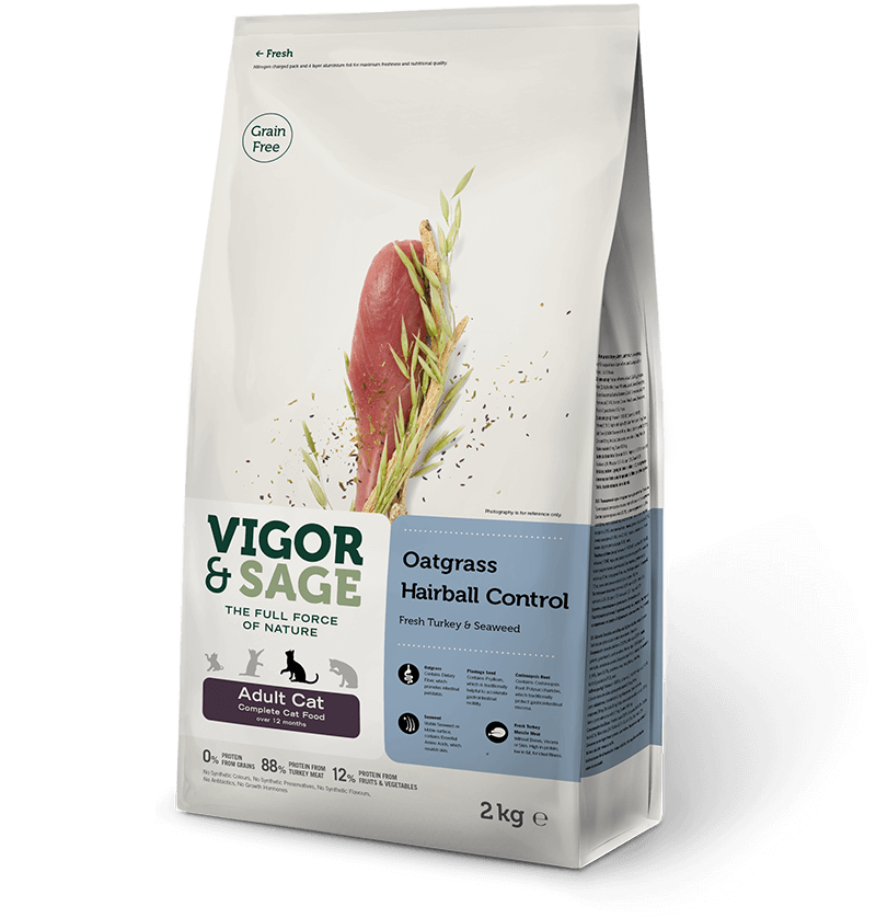 Vigor & Sage (Вигор) - Сухой беззерновой корм для взрослых кошек райграс для выведения комочков шерсти свежая индейка и морские водоросли