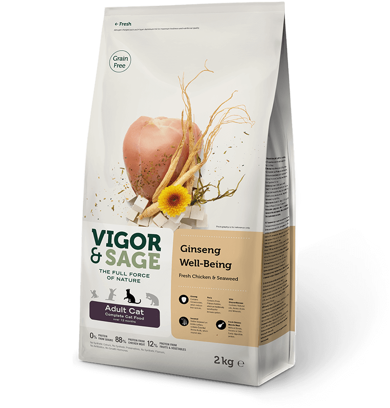 Vigor & Sage (Вигор) - Сухой беззерновой корм для взрослых кошек женьшень здоровье и долголетие свежая курица и морские водоросли