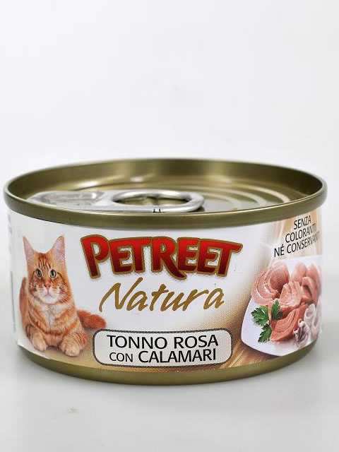 Petreet (Петрит) - Корм для кошек Кусочки розового Тунца с Кальмарами (Банка)