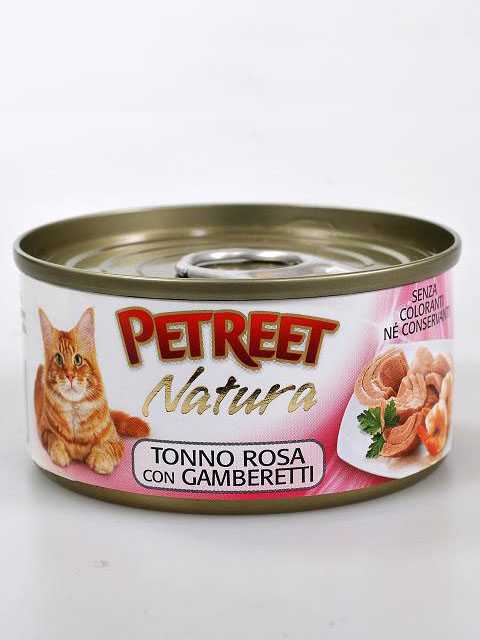 Petreet (Петрит) - Корм для кошек Кусочки розового Тунца с Креветками (Банка)