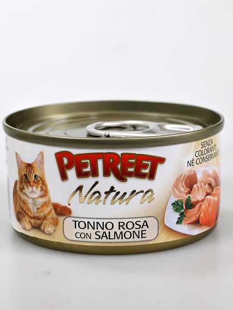 Petreet (Петрит) - Корм для кошек Кусочки розового Тунца с Лососем (Банка)